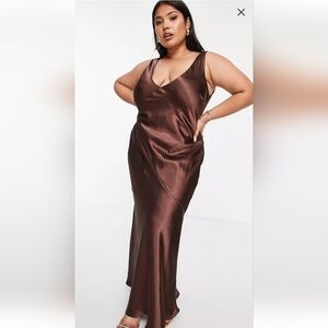 ASOS Curve Brown Satin Slip Midi Dress